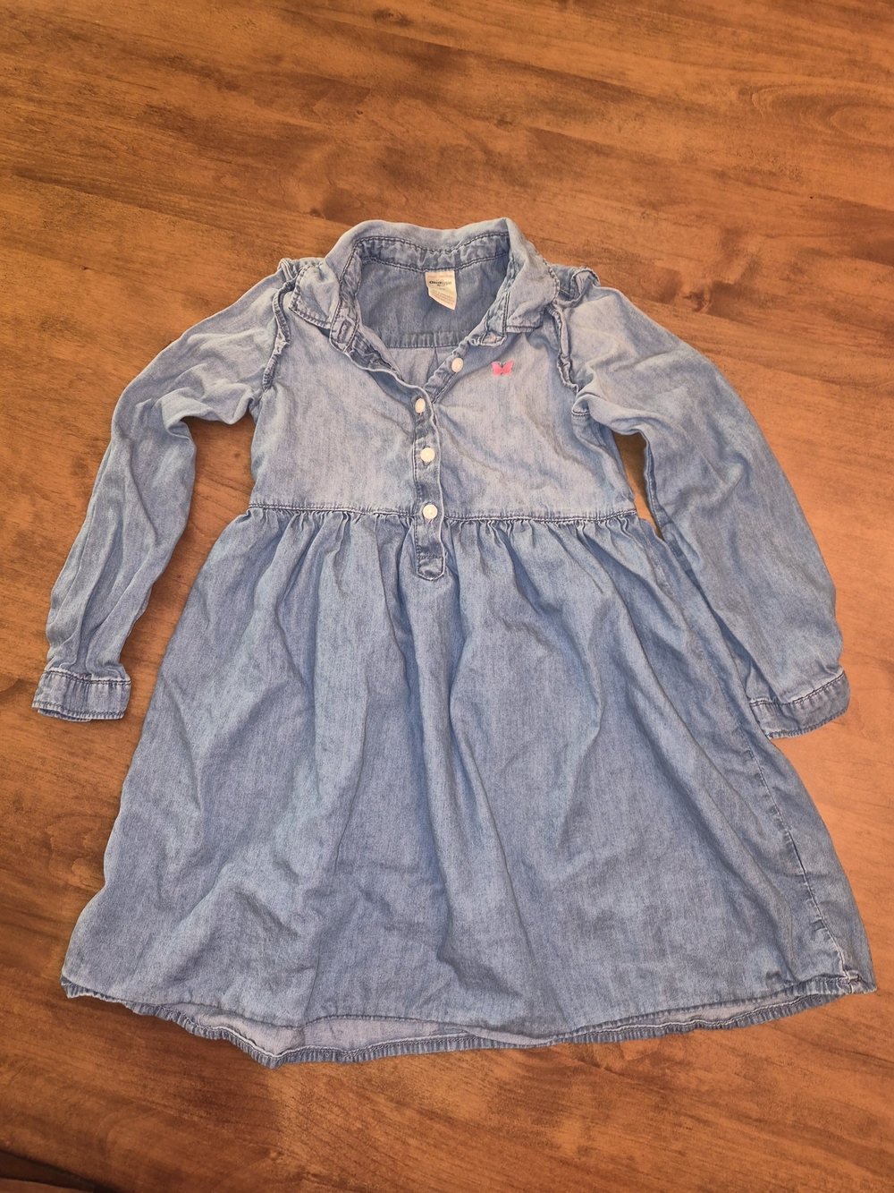 Light Blue Ruffle Denim Dress with Long Sleeves and Collar Pink Butterfly 4T